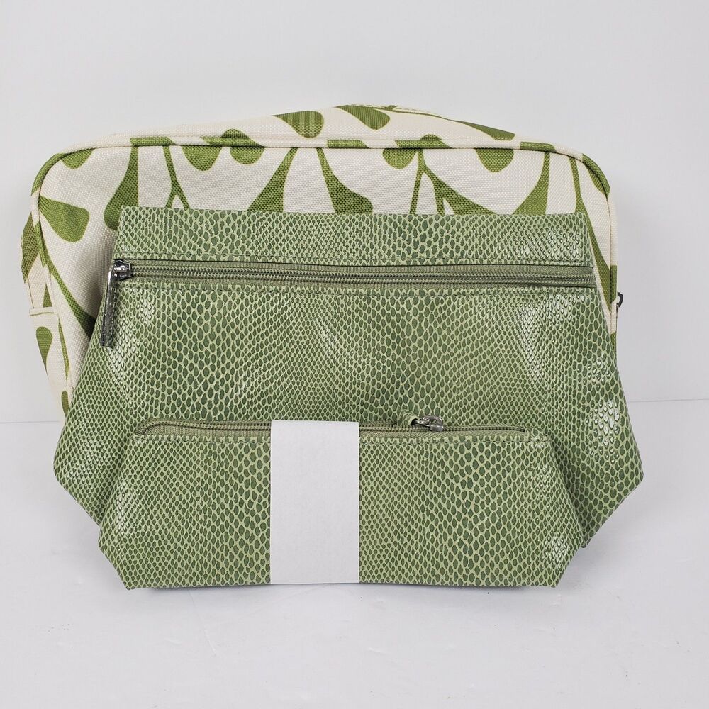 Clinique‎ 3 Pc Makeup Bag Set Spring Green Snakeskin Cosmetic Travel Pouches NEW